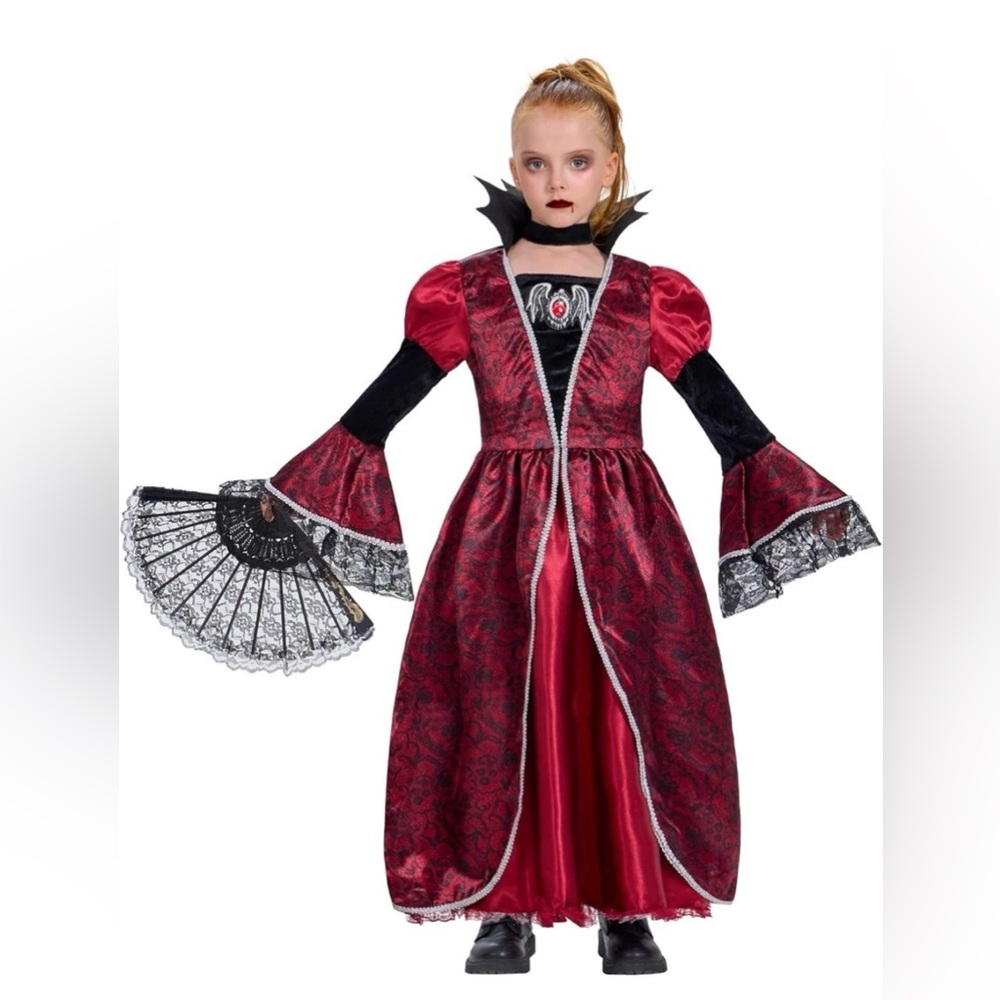 Girl Vampire Costume Size 10-12Y Princess Red Dress Gown Halloween Cosplay Goth